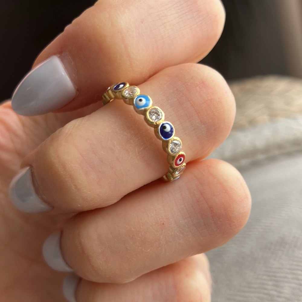 💍 Gold Sterling Silver Ring with Eye and Colorful Stones